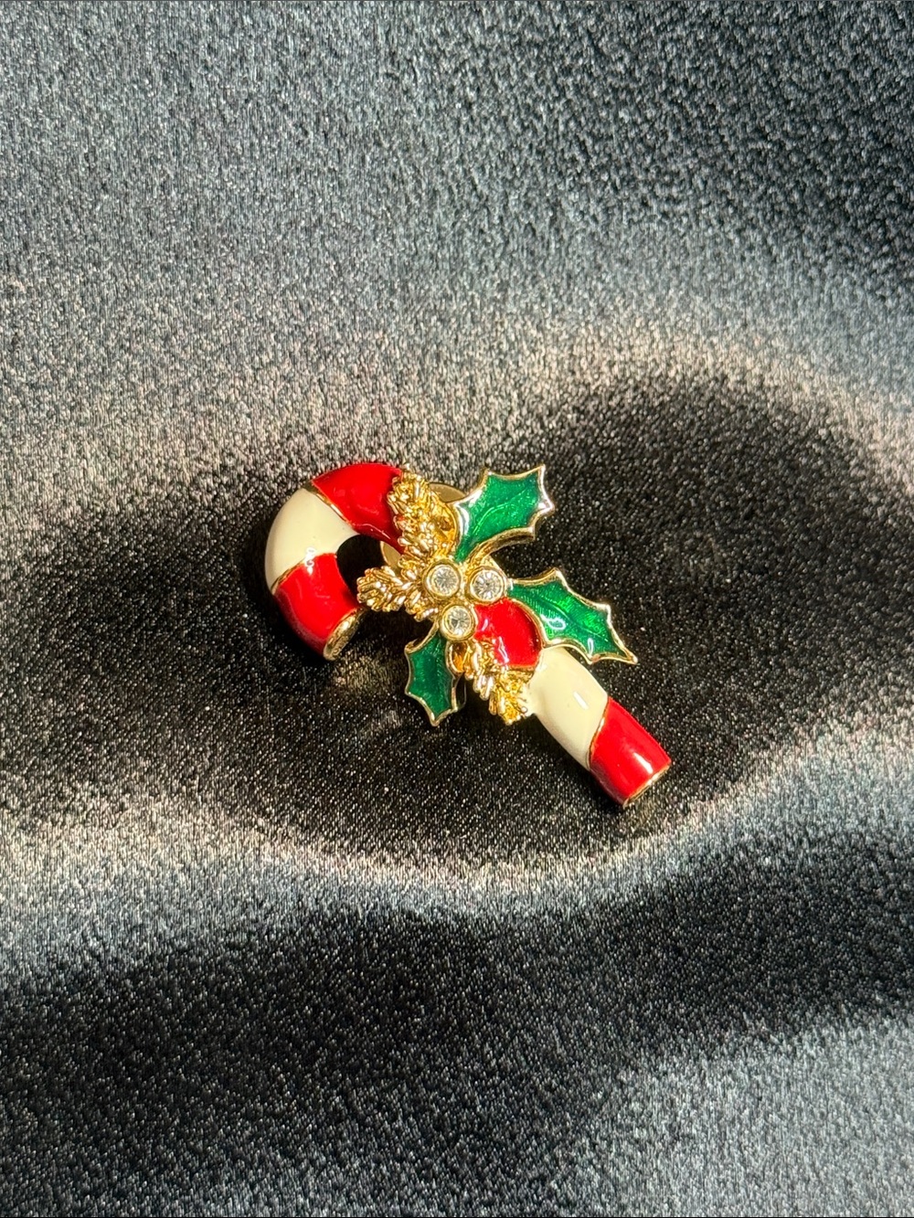 Festive Candy Cane Holly Pin Brooch - Red, Green & Gold